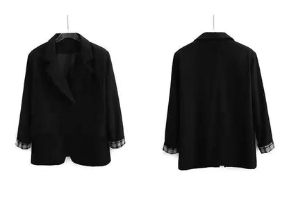 Petite Women's Spring Autumn Black Rolled Cuffs Blazer New Arrival Loose Vintage Casual Plaid Korean Style Chic Suit Jacket