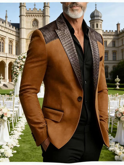 Men's Faux Suede Jacket with PU Leather Collar & Shoulder Two-Tone Blazer Contrast Trim Coat