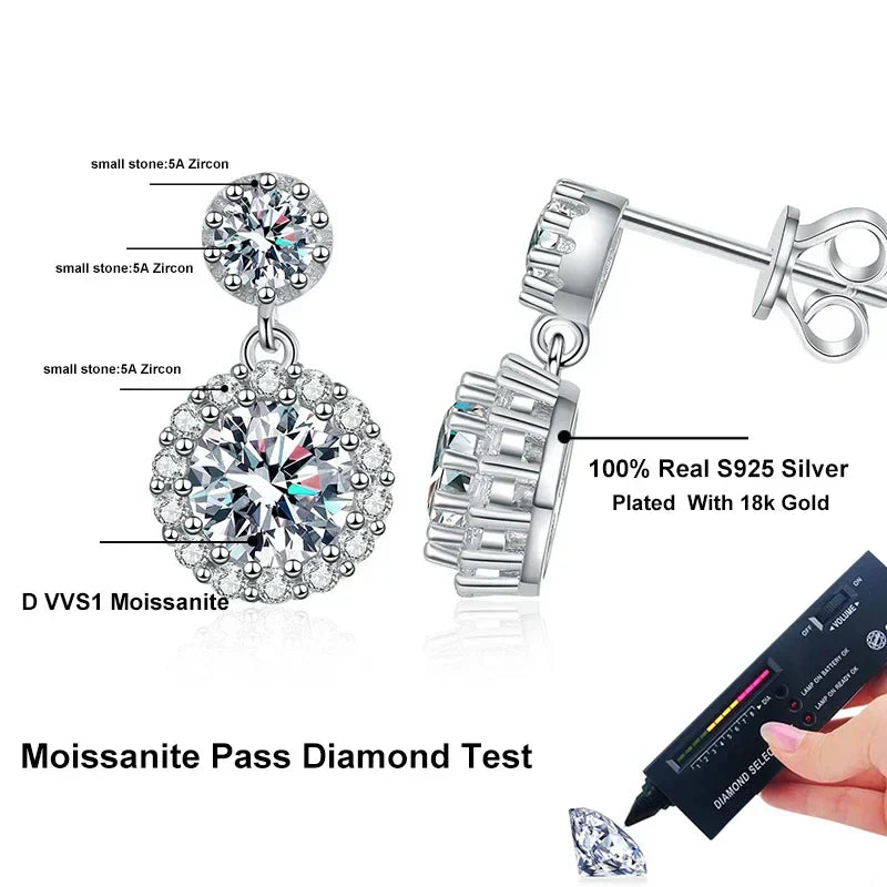 1ct Moissanite Earrings for Women S925 Sterling Silver 18k White Gold Plated Diamond Drop Earring Gifts with Certificate