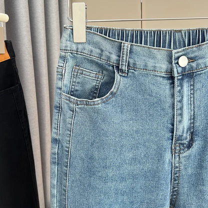 Women's Split Leg Opening Drainpipe Jeans, Casual Ankle Length Denim Pants, Straight Leg, Plus Size, Spring, Autumn, 100kg, 1649