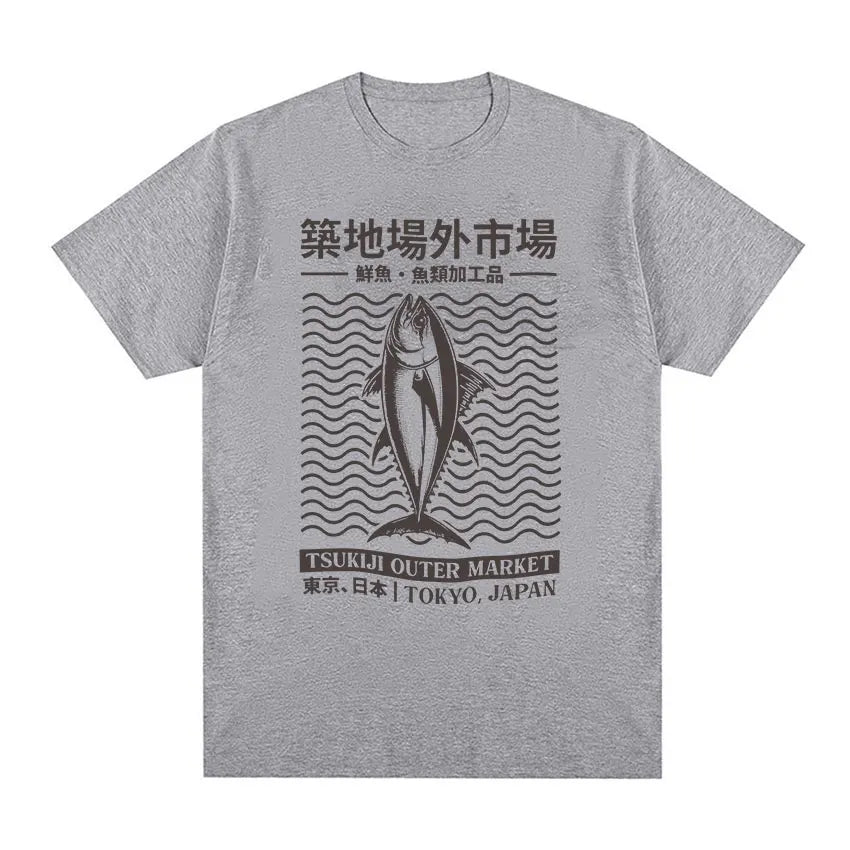 Tokyo Japan Tsukiji Outep Market Funny Meme T Shirts Japanese Fish Retro Harajuku T-shirt Men's Oversized Cotton Tees Streetwear