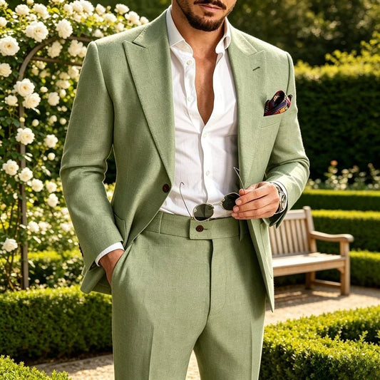 Sage Green Linen Men Suit 2 Piece Set Beach Wedding Lightweight Summer Casual Groom Suits Outdoor Mens Fashion Suit 2026
