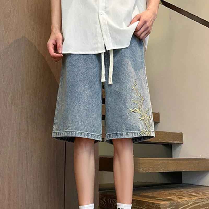 2025 Mens New Chinese Style Denim Shorts Summer Bamboo Embroidery Casual Five Inch Shorts Couple Streetwear Vintage Loose Fit Hi