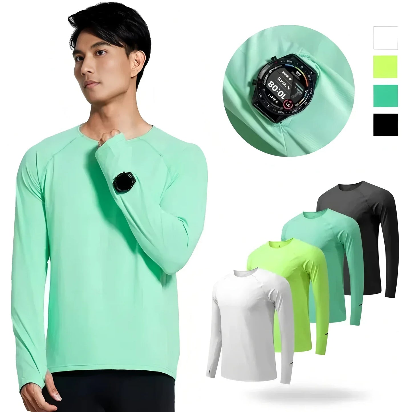 Mens Autumn Running T-Shirt Long Sleeve Anti-UV Workout Tops Shirts Training Shirt with Thumb Hole Anti-Static Cuff Quick Drying