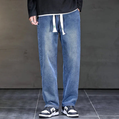 2025 New Autumn Winter Jeans Men Loose Straight Drawstring Elastic Waist Casual Denim Trousers Male Thick Pants Large Size M-5XL