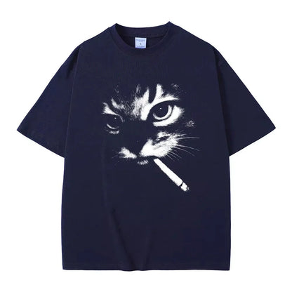 Funny Meme Smoking Cat Face Graphic T-shirts Men Women Casual Cotton Vintage T Shirts Men's Oversized T-shirts Cats Lovers Gifts