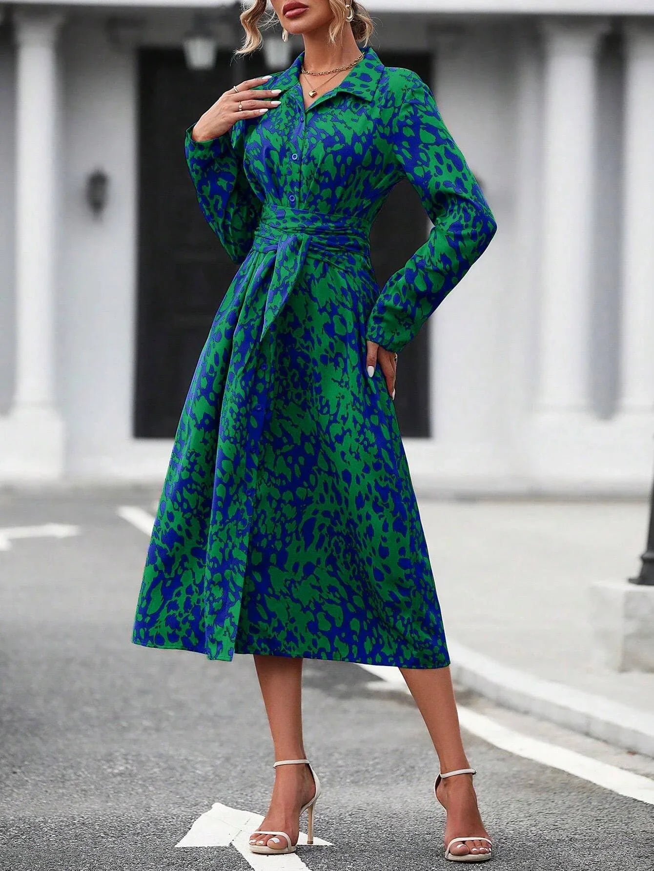 Elegant Random Print Button Down Shirt Dress Women's Long Sleeve Belted Waist Midi Dress Spring Fall Office Casual Dress