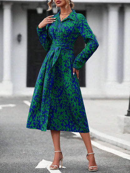 Elegant Random Print Button Down Shirt Dress Women's Long Sleeve Belted Waist Midi Dress Spring Fall Office Casual Dress