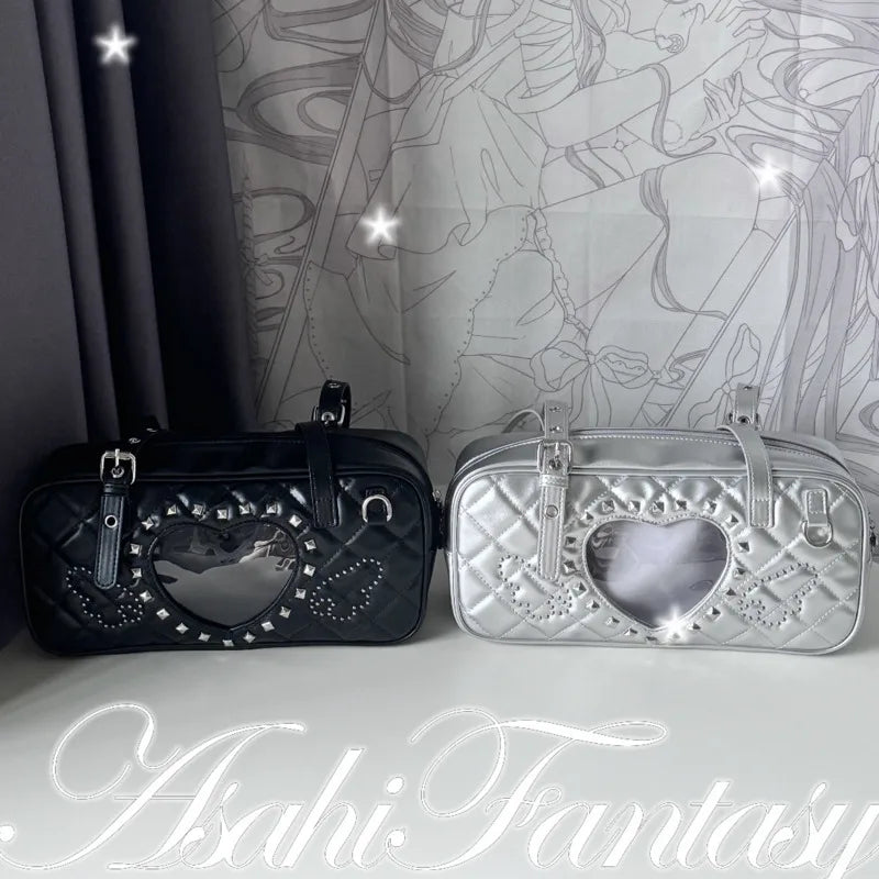 Pink Transparent Pocket Japanese Itabag Rivet Design Lolita Shoulder Bag PU Leather Harajuku Pain Bags Y2k Sweet Handbags Girls