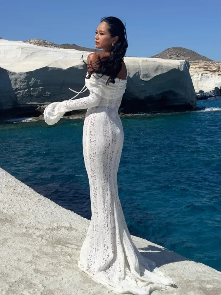 2026 New Women Sexy Lace Patchwork White Maxi Dress Flared Sleeve Off Shoulder Bodycon Gowns Lady Evening Night Party Robes