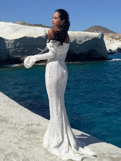 2026 New Women Sexy Lace Patchwork White Maxi Dress Flared Sleeve Off Shoulder Bodycon Gowns Lady Evening Night Party Robes
