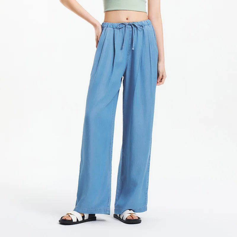 Elastic Waist Denim Pants Women Draped Fit 2025 Summer New Cooling Wide Leg Trousers