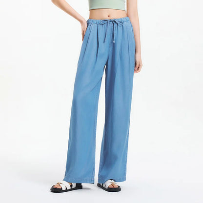 Elastic Waist Denim Pants Women Draped Fit 2025 Summer New Cooling Wide Leg Trousers