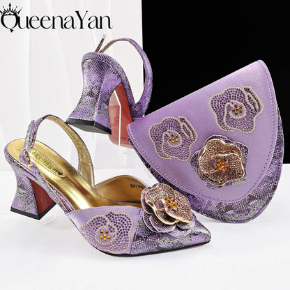 2025 Elegant Lilac Color Women's Heels Handbag Set Rhinestone Embellished Designer Shoes for Weddings Special Events