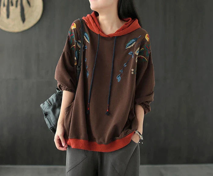 Brown Hoodies Embroidered Female Clothes Hooded Red Sweatshirts for Women Loose Green Baggy Tops Aesthetic Thick Goth Trend Emo