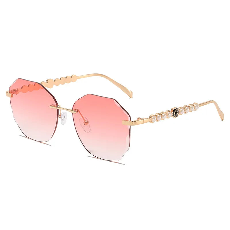 Women's Rimless Cut Edge Sunglasses Pearl Temple Gradient Lens Sun Glasses Elegant Y2K UV400 Shades Luxury Metal Fashion Eyewear