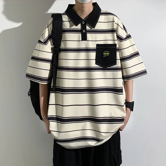 2024 New Summer Men POLO Shirt Trend Loose Clothing Students Short-sleeved T Shirt Tops Round Neck Five-quarter Sleeve Harajuku