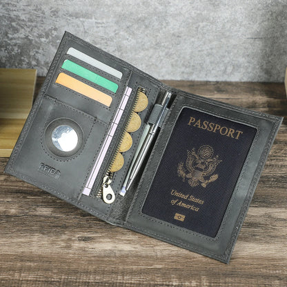 Genuine Leather Passport Wallet Card Holder Coin Purse AirTag Slot Men Travel Wallet Women‘s Purse Passport Cover Bag