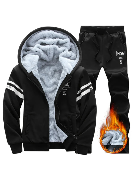 Men's autumn and winter sports and leisure suit set with fleece hoodie, men's autumn and winter thick oversized hooded jacket, t