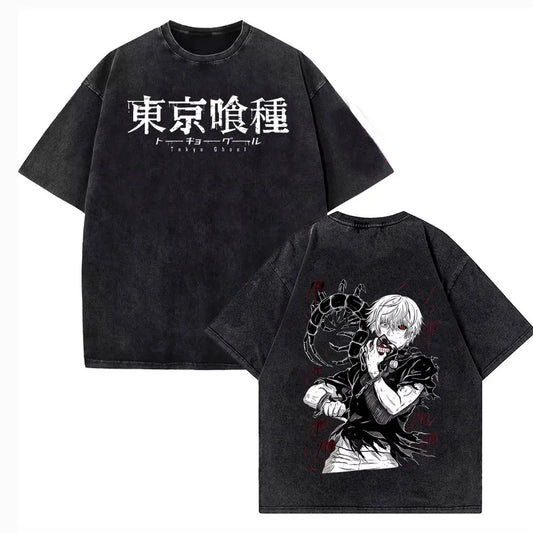 Summer Harajuku Men T-shirt Anime Tokyo Ghoul Kaneki Ken Centipede Vintage Washed Cotton T Shirt Streetwear Men Tops Clothing