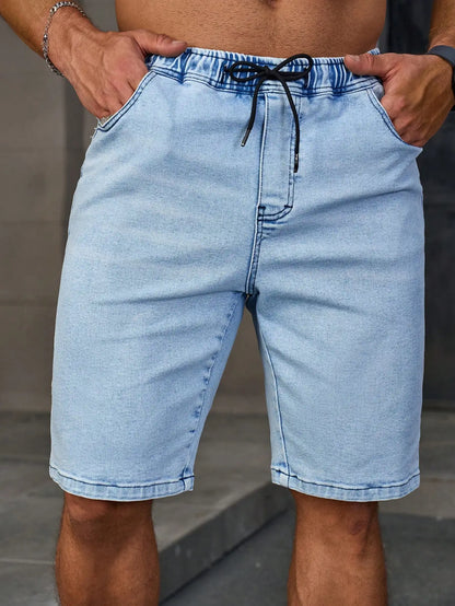 Men's Summer Denim Shorts. Light Blue Elastic-Waist Denim Shorts. Drawstring Design. Daily Casual Trend.