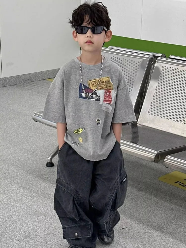 2026 Summer New Vintage Korean Boys T-Shirt Crew Neck Kids Tweens Casual Stylish Breathable Cotton Top