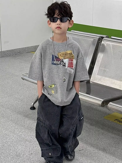 2026 Summer New Vintage Korean Boys T-Shirt Crew Neck Kids Tweens Casual Stylish Breathable Cotton Top
