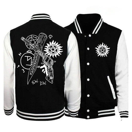 New Supernatural Print Baseball Jacket Women Men Casual Loose Jacket Autumn Winter Sweatshirt Long Sleeve Jersey Tops