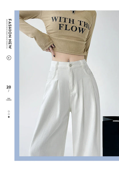 White Thin Pleated High Waist Non-Light Wide Leg Jeans Women's American High-End Loose Straight Lazy Floor-Length Pants