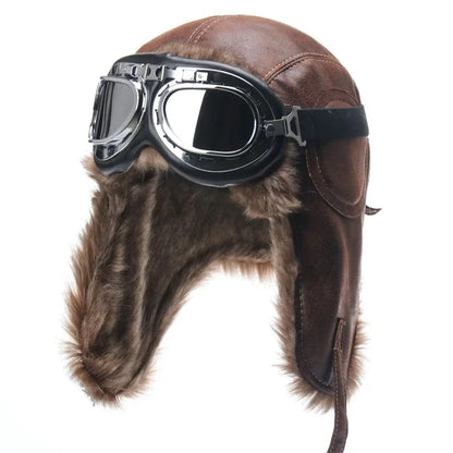 Men Winter Bomber Hat With Goggles Outdoor Motorcycle Windproof Warm Faux Fur Pilot Earflap Hat Leather Thermal Ushanka