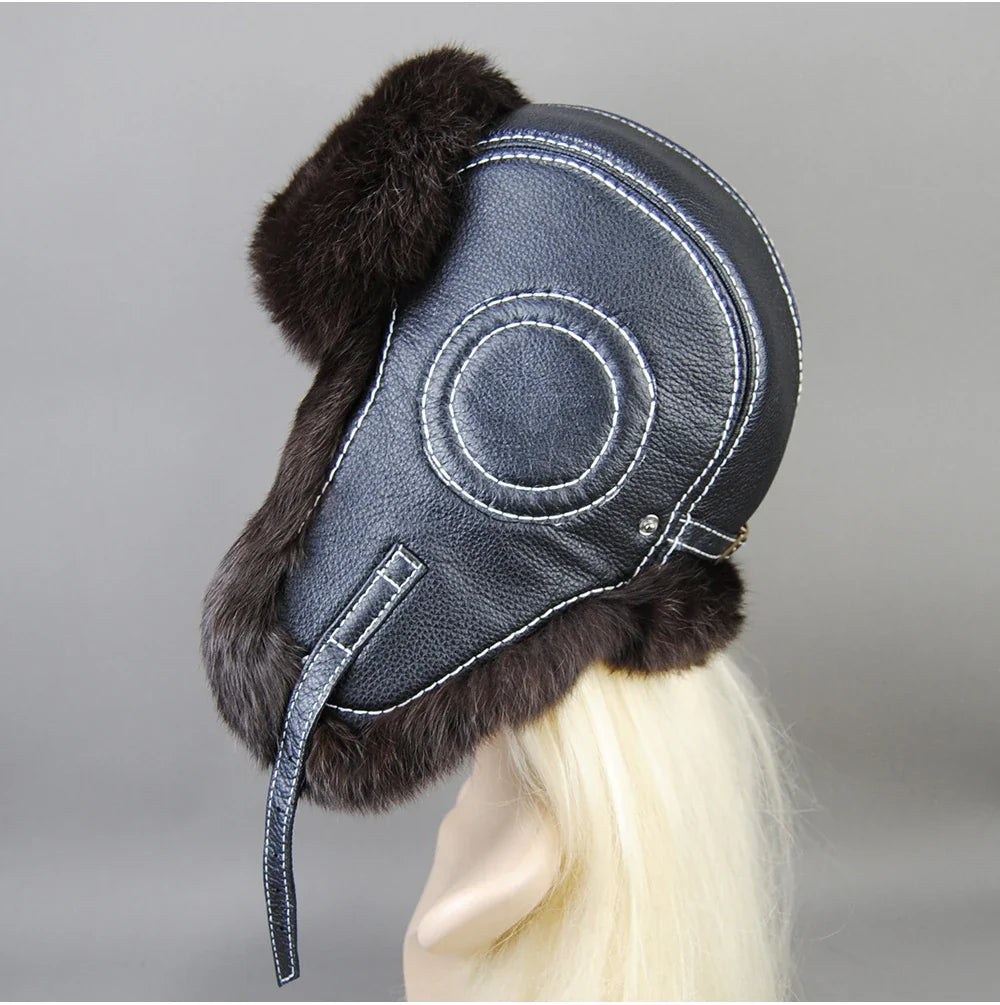 Hot Sale Winter Women's 100% Real Rabbit Fur Bomber Hat Ushanka Cap Trapper Russian Woman Ski Hats Caps Real Sheepskin Leather