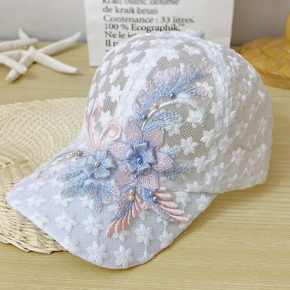 Summer Baseball Cap for Women Embroidered Flowers Mesh Breathable Duck Tongue Hat Sunscreen Sunshade Hat Rebound Cap