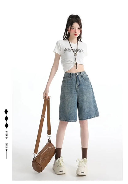 Women's High Waist Wide Leg  Y2K American Retro Washed Five-Point Denim Shorts Summer Loose Slim Straight Cut Mid-Length Pants