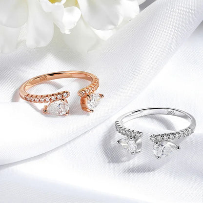 Double Pear Cut Moissanite Rings for Women Adjustable 5-9 Size Lab Diamond Wedding Female Jewelry 925 Sterling Silver