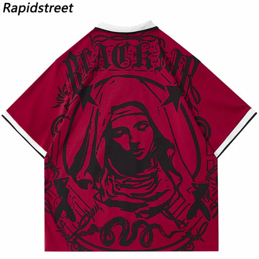 Hip Hop Streetwear Polo T-Shirt Virgin Mary Graphic T Shirt Men Polo Shirt Short Sleeve Harajuku Cotton Tops Tees Red Grey
