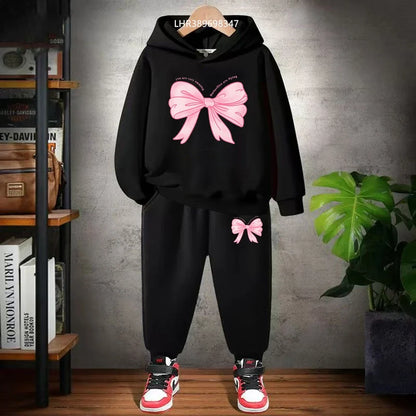 Fashion Kids Clothes Bow Print Children Hoodie 3-12 Years Boys Girls Red Pink Casual Tops+Pants Sets Long Sleeves Autumn
