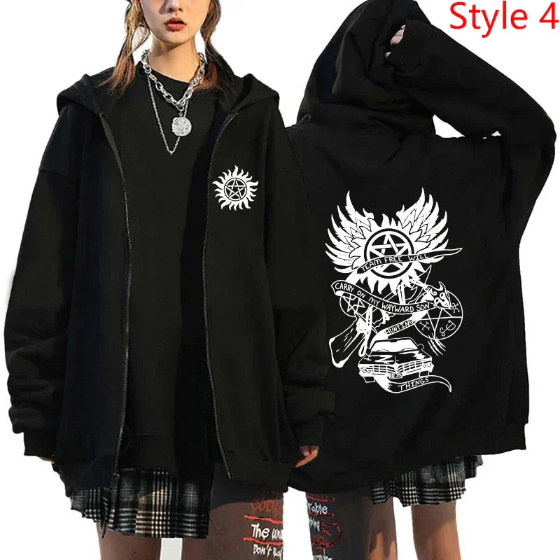 New Supernatural Printed Zipper Hooded Fashion Women Men Sweatshirt Casual Sport Hoodie Personality Zipper Long Sleeve Coat