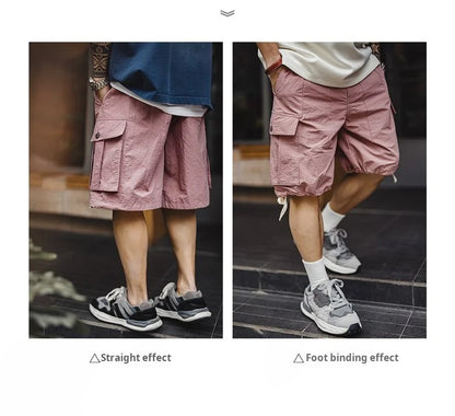 Outdoor Quick-Dry Pink Cargo Shorts Men's Summer Lightweight Woven Elastic Waist Shorts Loose Straight Bottoms for Sports