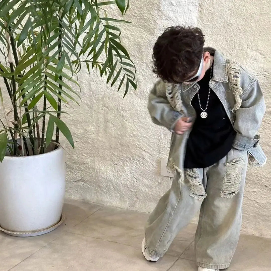 2-10Y Boys Spring Autumn Gray Retro Hole 2026 Denim Coat Pant Suit girl American Style New Loose Slimming High Waist Floor Pants