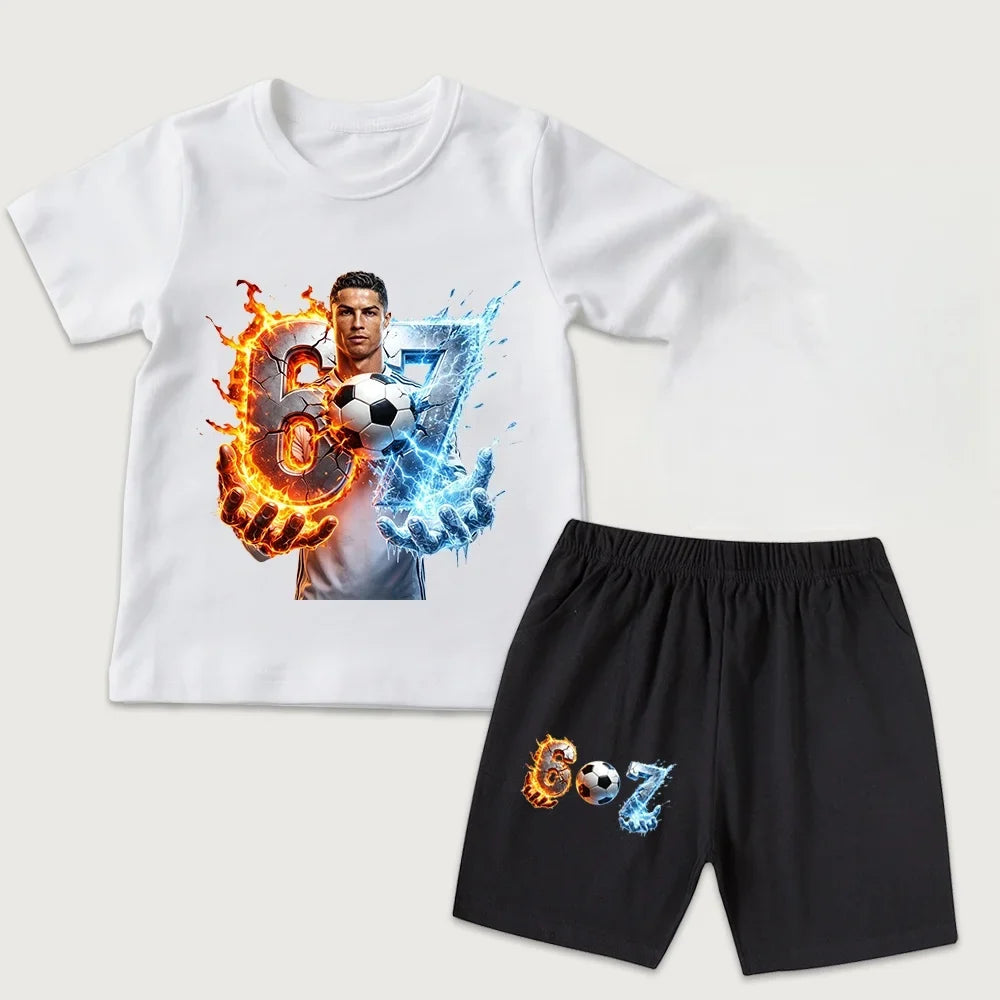 New Arrival CR7 Ronaldo 67 Print Kids Cotton T Shirt Short Sleeve Casual Top Set for Boys Girls