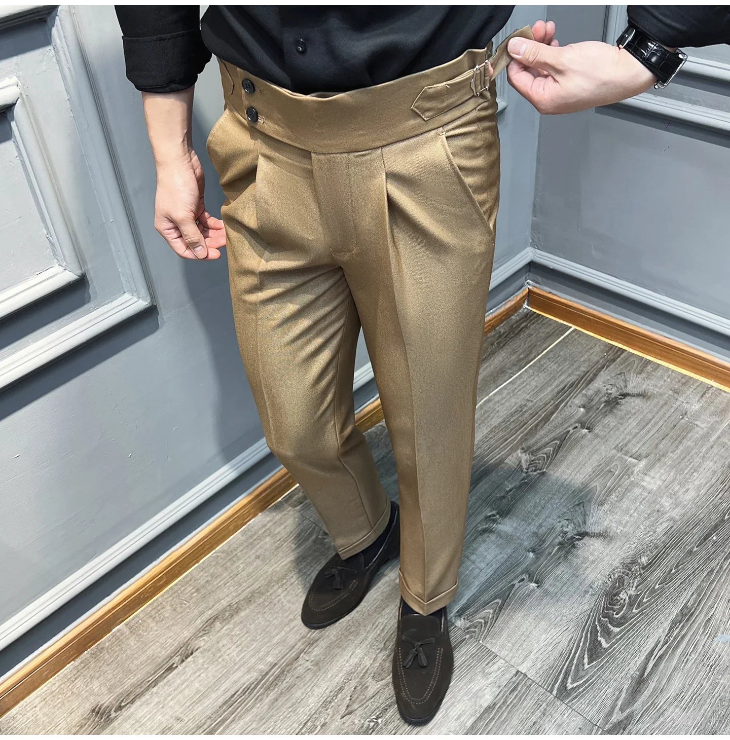Italian Style Naples High Waisted Straight Pants Men High Quality Solid Color Business Casual Formal Office Social Suit Pants
