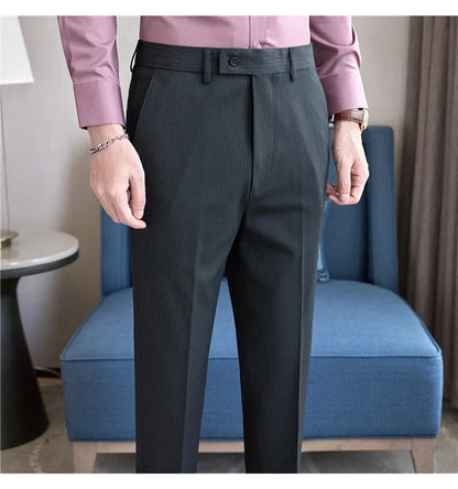 British Style Pinstripe Slim Fit Suit Pant Men Business Casual Simple Dress Pants High Quality Social Wedding Party Trousers