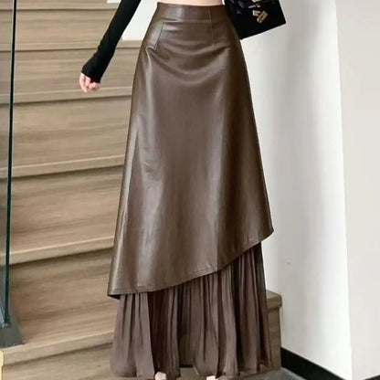 تنورة نسائية ريترو، تنورة طويلة بخصر عالٍ وقصة A-line بتصميم جديد للخريف المبكر من الجلد بخياطة غير متماثلة