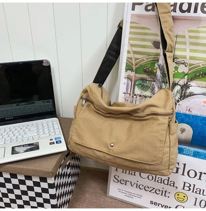 Solid Color Canvas Shoulder Bags Women 100% Cotton Satchels Korea Style Cloth Messenger Bags Large Crossbody Bags Book Packages