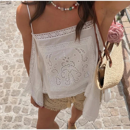 Thin Strap Square Neck Hollow Embroidery Women Cami Top Back Self Tie String Irregular Asymmetrical Lace Hem Loose Cropped Tank