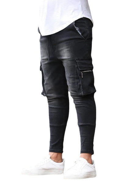 Street Elastic Jeans Men Denim Cargo Pants Wash Solid Color Multi Pockets Casual Mid Waist Trousers Slim Fit Daily Wear Joggers