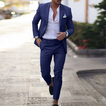 Men's Linen Suit 2 Piece Slim Fit Suit Summer Beach Wedding Suit Groosmen Prom Tuxedo Linen Blazer Pants Set
