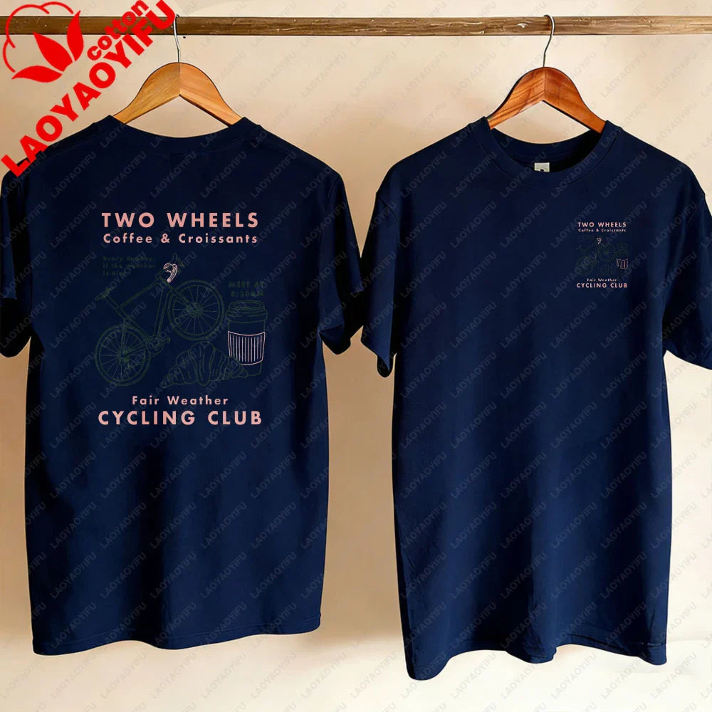 Cycling Club Cropped T-Shirt Hand-Drawn Bike Coffee & Croissants Graphic T Shirts Oversized T Shirt High Quality Cotton Tops Tee