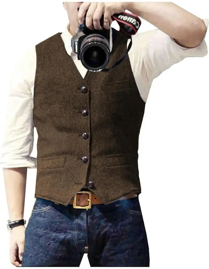 Vintage Men's Suit Vest V Neck Wool Herringbone Tweed Casual Classic Slim Fit Waistcoat Formal Business Wedding Groomsmen