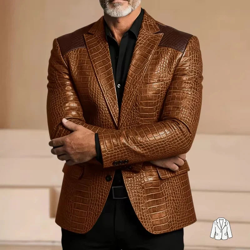 Men's Blazer Crocodile Embossed Leather Suit Jacket Shoulder Patch Notch Lapel Two Button Sport Coat Business Casual Flap Pocket